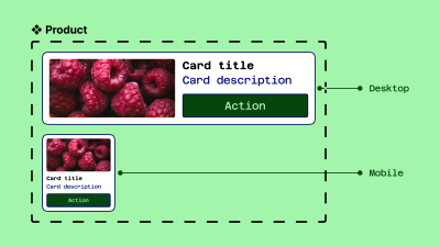 A screenshot that shows the use of variants. There are two cards here that are similar to the ones found in the ‘A card at different breakpoints’ illustration. The cards contain the following elements: a photo of raspberries, ‘Card Title’, ‘Card description’, and ‘Action’ button; and each element within each card is rearranged differently for the different platforms: desktop and mobile.