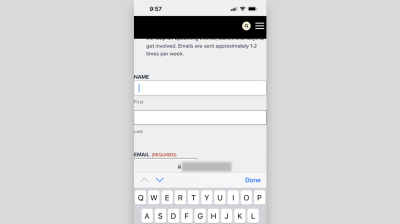 Mobile form on an iPhone with a text field in focus and the virtual keyboard obscuring the next form fields.