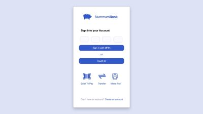Bank screen mockup with a row of shortcut actions represented by icons below a login form.