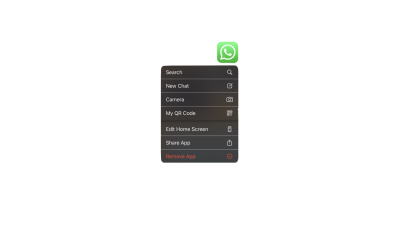 WhatsApp icon next to an open contextual menu with options to search, chat, scan codes, and share.