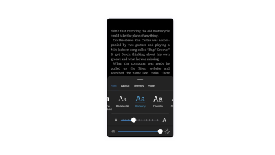 The Kindle reading app on a mobile device with font sizing and style controls.