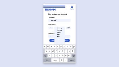 Mockup of a mobile form with name, date, and email fields. The date field is expanded with options running vertically off the screen