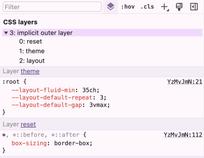 Chrome DevTools in Chrome showing CSS layers