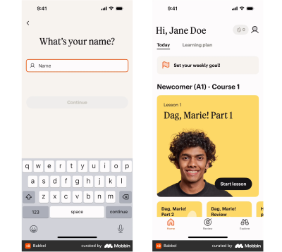 The account opening screen asks for a user’s name at the Babbel app and the Babbel app’s Home screen with a greeting as a title