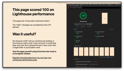 In-browser proof that the non-useful page scored 100 on Lighthouse performance