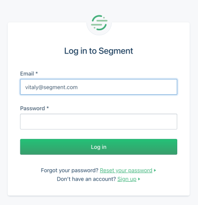 A Segment login page, which shows email and password by default at first