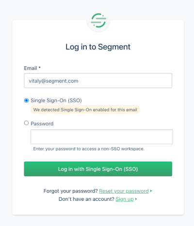 A segment login page with a Single Sign-On option