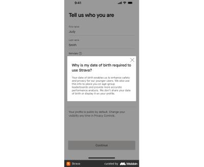 Strava’s explanation why a user has to provide their date of birth